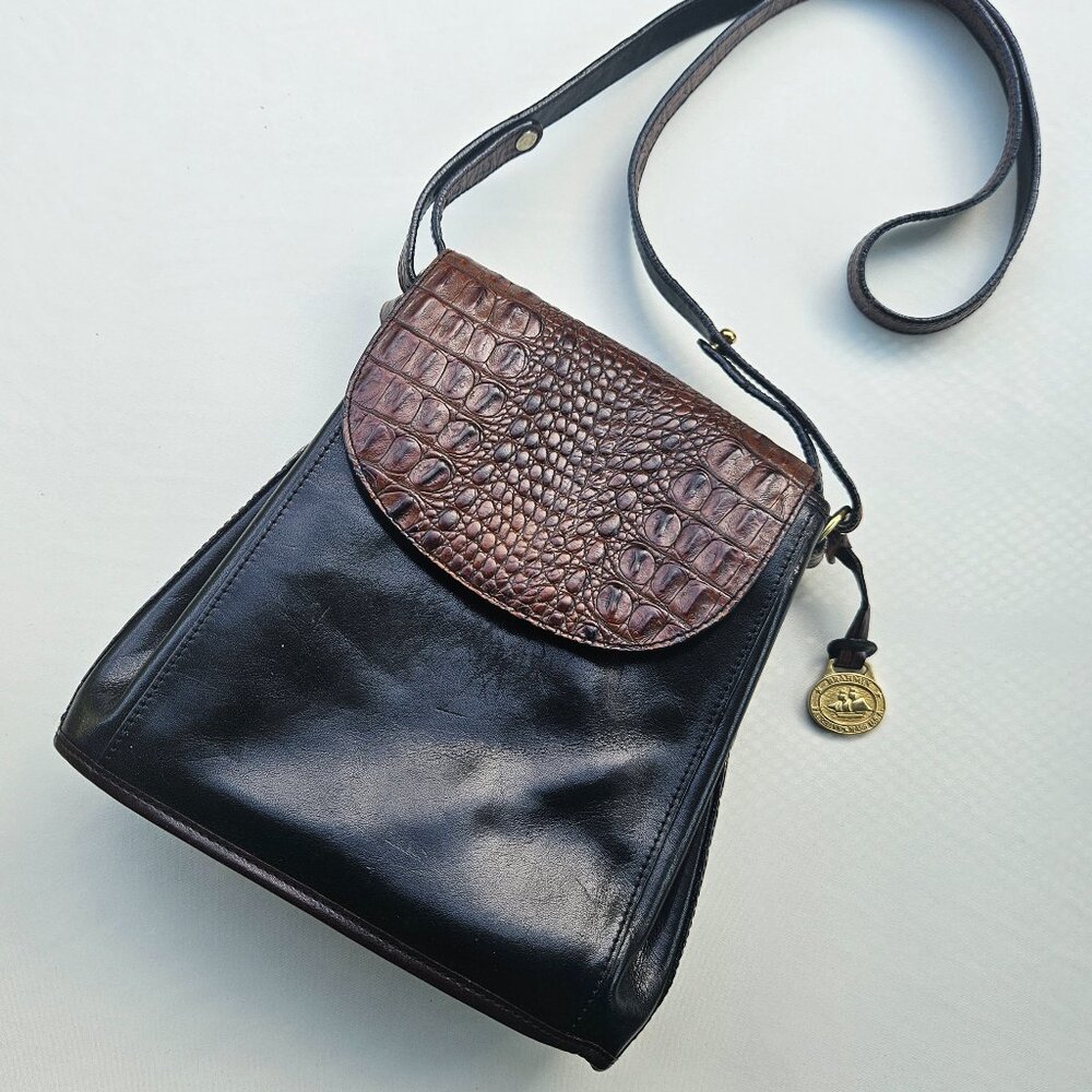 Brahmin Tuscan Black & Brown Leather Croc Embossed Crossbody Bag